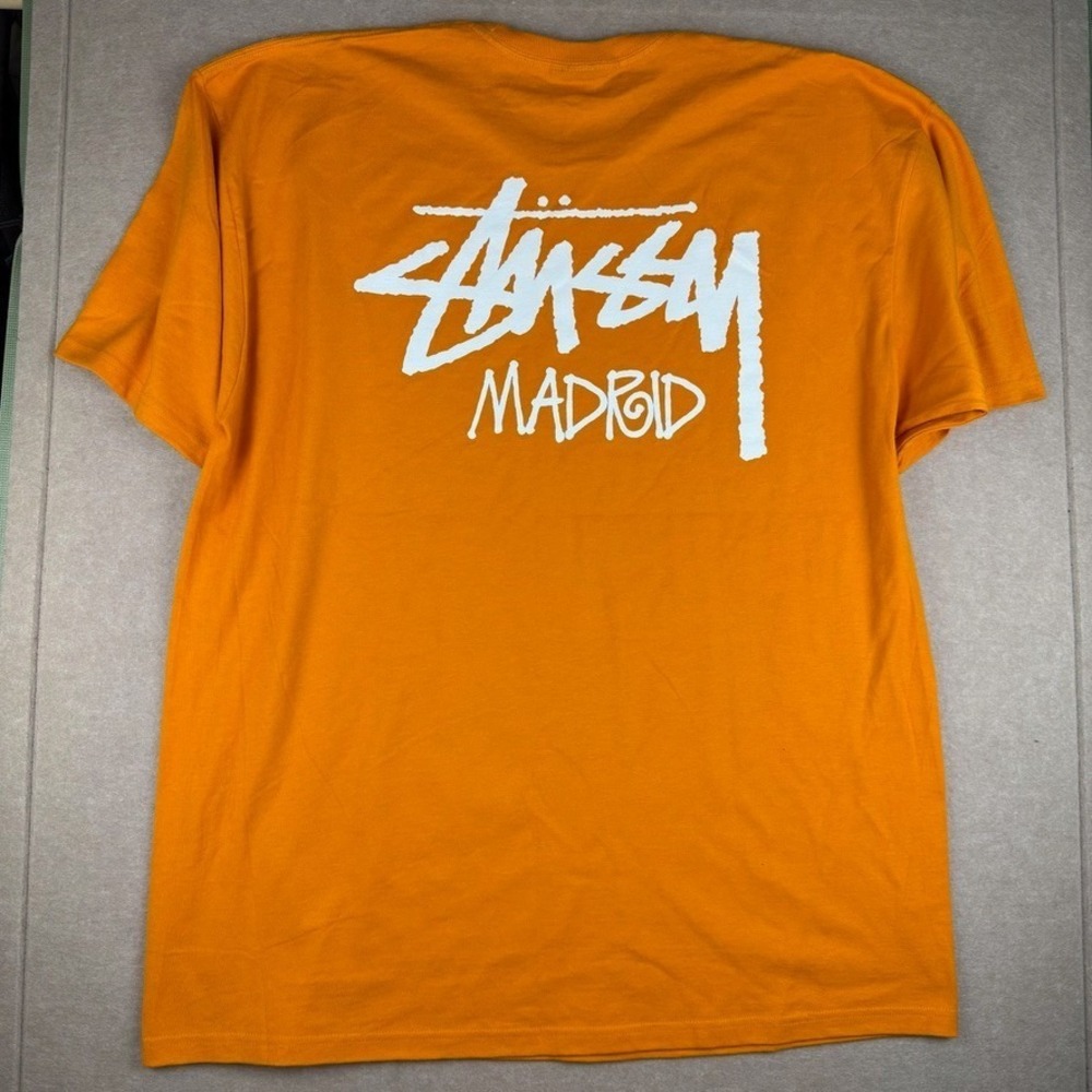 Stussy Madrid Shirt Mens 2XL Orange Big Logo City Tee Streetwear Skate